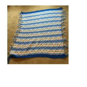 Vintage 48”×60" Handmade Crochet Afghan Blanket Throw Blue & White Fringe